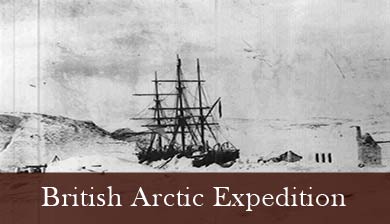 A historic photograph of HMS Discovery, trapped in sea ice. An old  black and white photogragh of the  HMS Discovery, a fully rigged sailing ship, trapped in sea ice. 