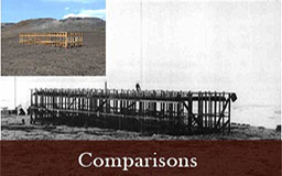 Sliding a vertical line back and forth across the two images reveals more of one and less of the other This allows the viewer to compare the accuracy of the virtual reconstruction of the construction of the expedition house against a historic photograph depicting the same subject.