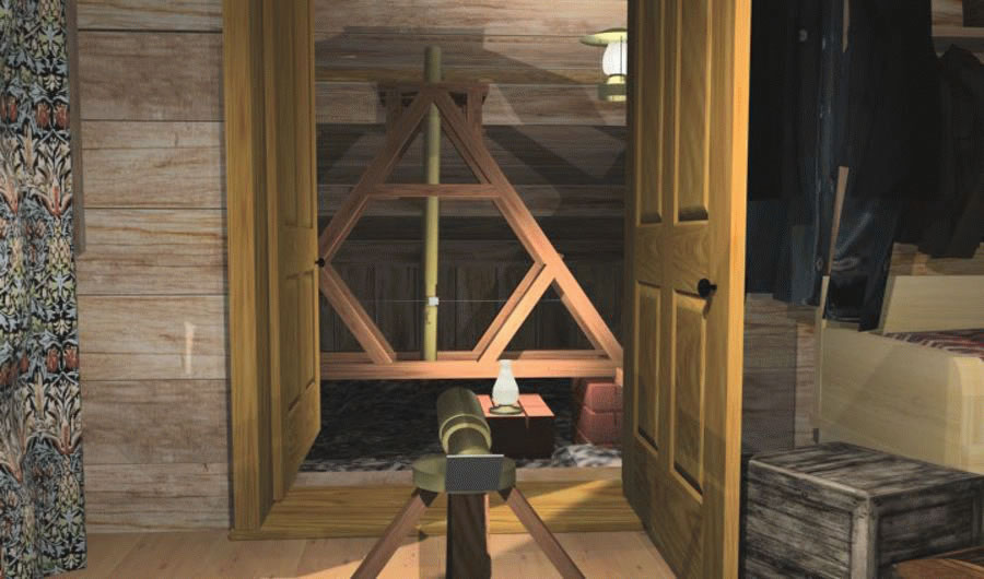A window appears containing an image of Kater's Pendulum as seen from the officer's quarters inside the expedition house. The pendulum hangs in an 'A' shaped wooden frame inside one of the lean to structures at each end of the house. A telescope sits on a small tripod in the foreground and is aimed at the base of the pendulum. The viewer presses a button marked 'Case One' to see if the pendulum's period of oscillation is the same when in its regular and inverted position. When the button for Case One is pressed, a small viewer appears in the lower right hand corner of the screen showing the pendulum moving back and forth against a scale within the viewfinder of the telescope. The viewer works through a series of these Cases until the period of oscillation is identical.