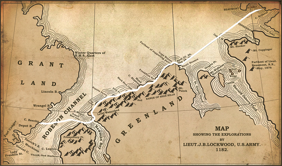 The game shows a historic map illustrating the route taken by Lockwood, Brainard and Christensen when they achieved their farthest north record during the Lady Franklin Bay Expedition. Sledging rations consisting of Meat, Butter, Vegetables, Sugar, Milk, Tea. Chocolate, and Bread run along the bottom of the map. Clicking on a sledging ration reveals a drop down menu containing a choice of different amounts. The player selects an amount for each ration and clicks the 'Go' button. A red line appears tracing the distance (miles) your ration choices would have taken you, given the calories it provides and the weight of your sled. 