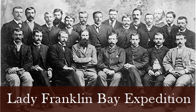 A historic photograph showing members of the Lady Franklin Bay Expedition. An old black and white portrait of the 22 men who served  on the  Lady Franklin Bay Expedition.