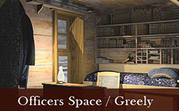 The images in this gallery provide a panoramic view of Adolphus Greely's quarters. Greely's desk and bed are located by the window. A bookcase filled with books is visible in the background. As we move around in 360 degrees, other features of the expedition house become visible, including the pendulum, Lockwood's quarters, and a doorway leading to other areas within the house. 