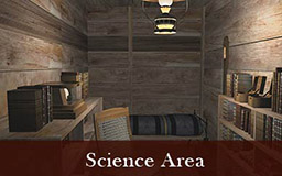 The images in this gallery provide a panoramic view of the science area. Shelves along both walls of this narrow space are filled with a variety of scientific instruments, including chronometers and wind speed recorders. Bookshelves and a small bed are also visible.
