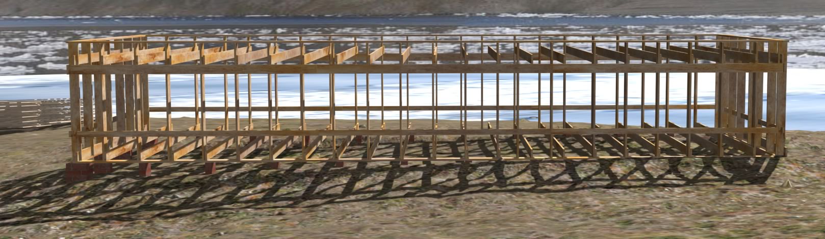 Virtual reconstruction of the same historic photo showing the house frame fully erected. Discovery Harbor is visible in the background.