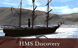 The images in this gallery provide a rotating view of the ship HMS Discovery. The ship is depicted afloat in Discovery harbour with pans of ice all around. The ship has three masts plus rigging and her sails have been stowed. Lifeboats hang from hooks above the deck. Features such as the wheelhouse are visible on the deck. The post office cairn built by the British Arctic Expedition is visible on the shore. 