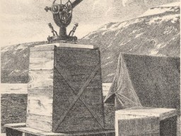 An illustration showing a scientific instrument sitting atop some wooden boxes near a tent at Fort Conger