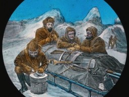 A historic illustration showing arctic sledgers taking a break. They lean over their packed sled smoking clay pipes and snacking on dried meat.