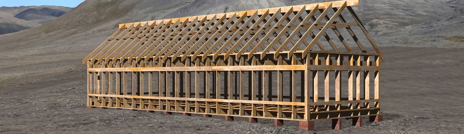 Virtual reconstruction of the same historic photograph. The completed house frame with roof is depicted against a backdrop of brown/grey hills and gullies.
