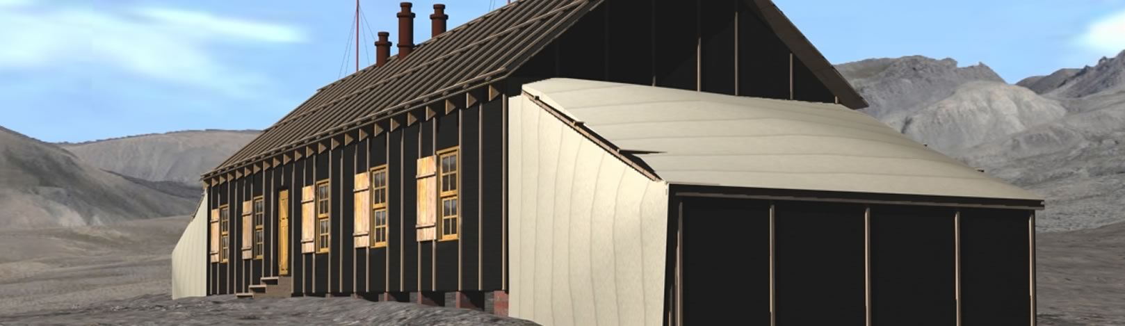 Virtual reconstruction of the same historic photo, showing the completed model of the expedition house with canvas lean-to.
