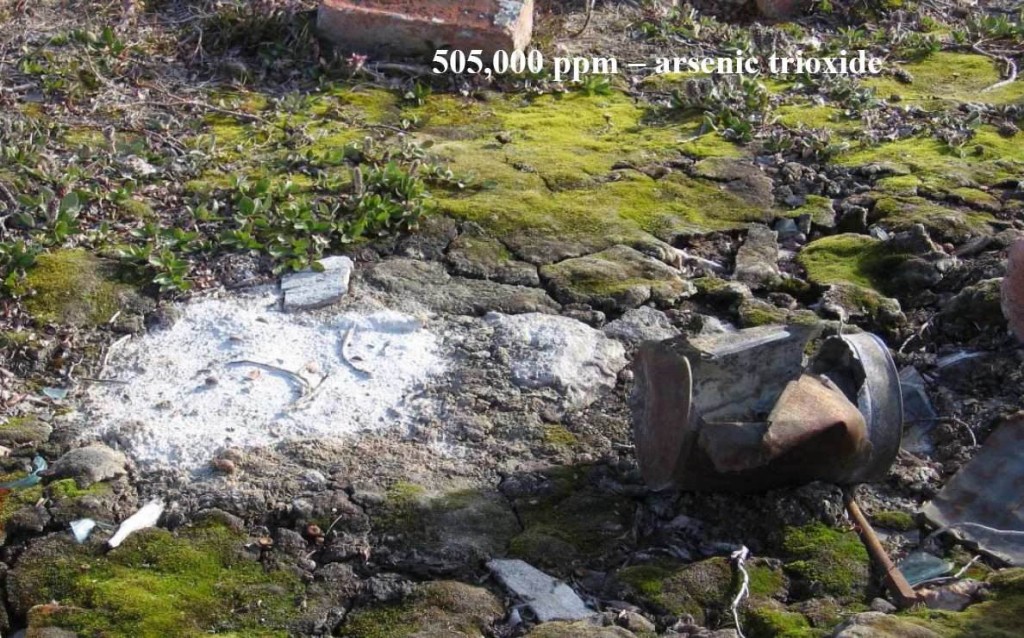 A photograph showing a white powdery substance on the ground at Fort Conger, which has been identified as arsenic trioxide.