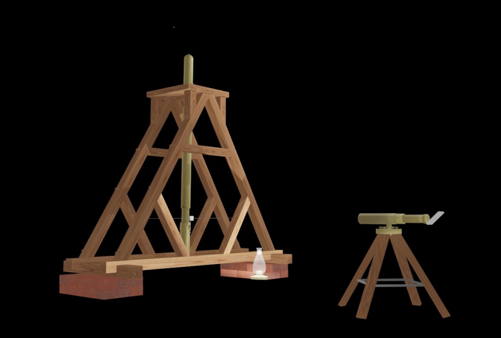 An Illustration showing how Katers pendulum was used at Fort Conger. The pendulum hands in a wooden frame near a small telescope set upon a tripod. 
