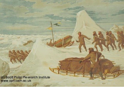 A historic illustration showing men suffering from exhaustion and the effects of scurvy man-hauling their sledges back to HMS Discovery