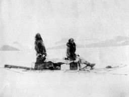 A historic photograph of an Inuit man and woman sledging across an arctic landscape.